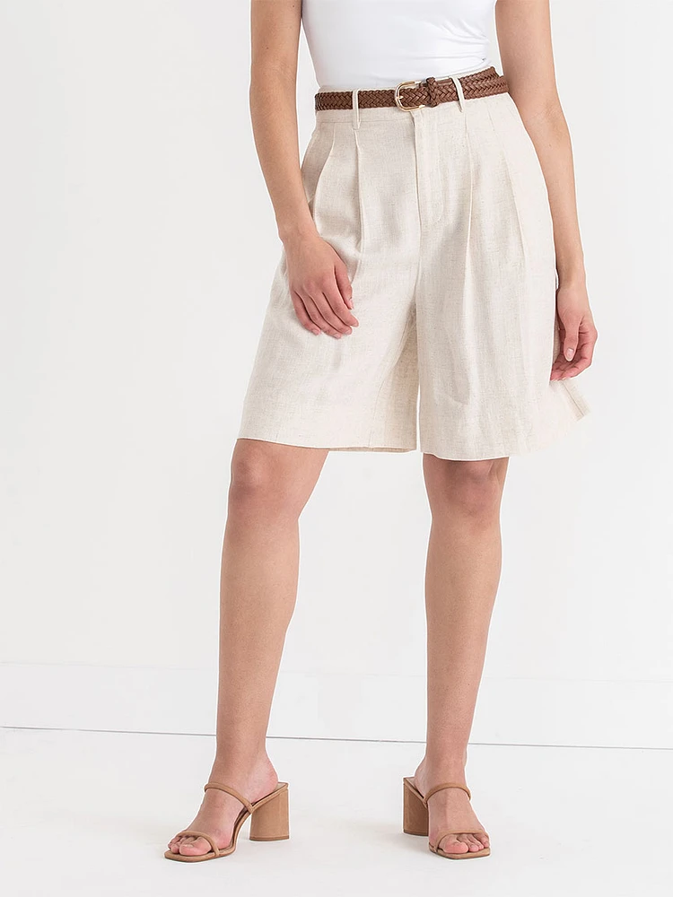 Pleat Front Linen Bermuda Shorts