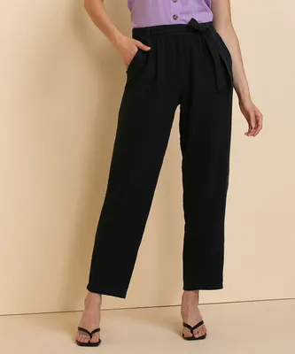 Tapered Crinkle Cotton Pant with Tie-Belt