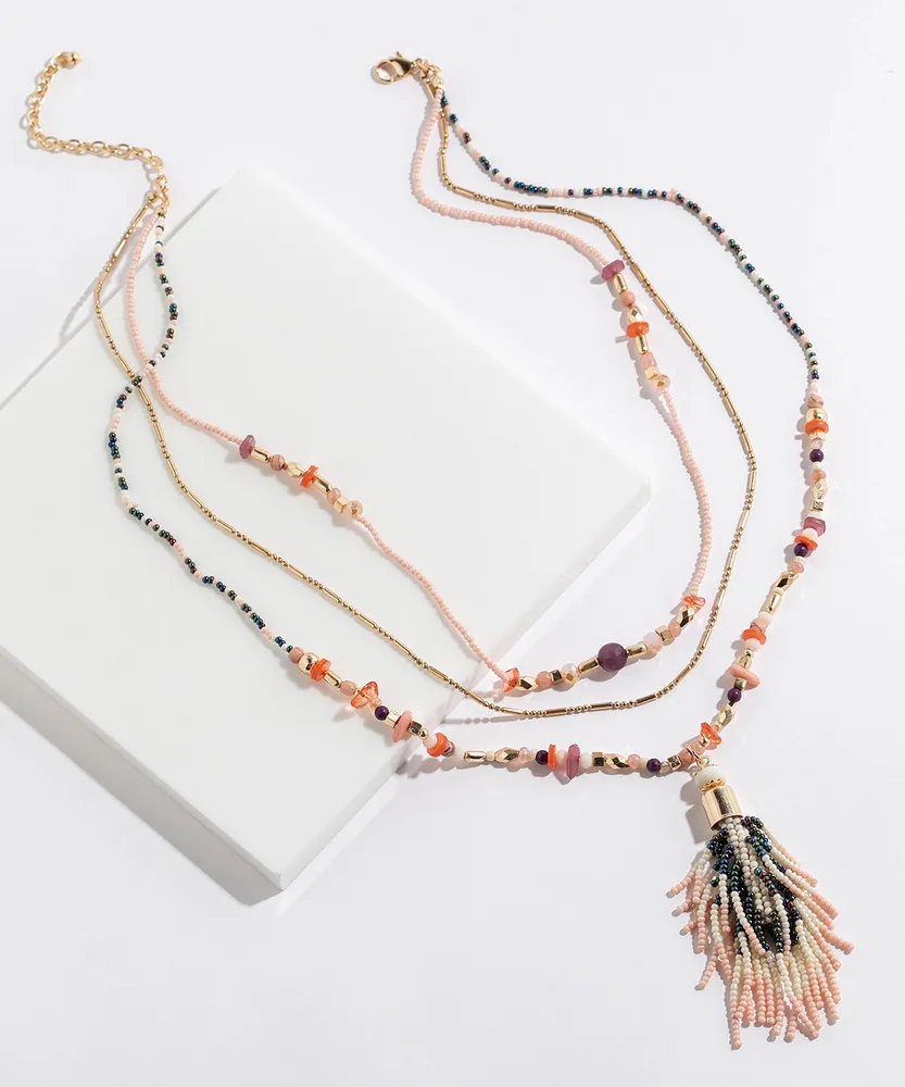 Layered Beaded Tassel Necklace