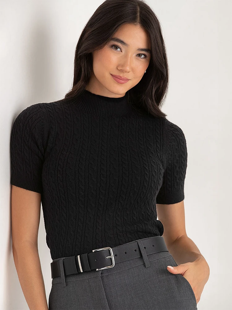 Mock Neck Elbow Sleeve Cable Sweater