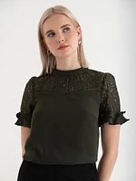 Short Sleeve Lace & Ruffle Blouse