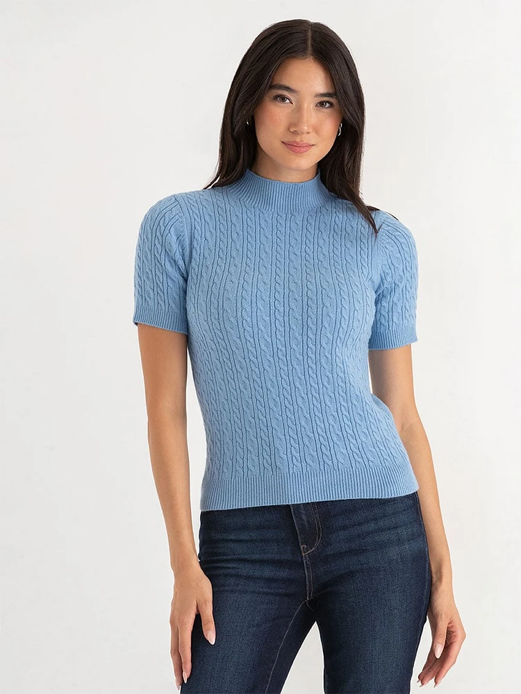 Mock Neck Elbow Sleeve Cable Sweater