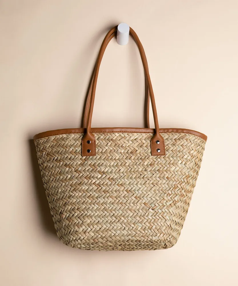 Straw Tote with Leather Detail