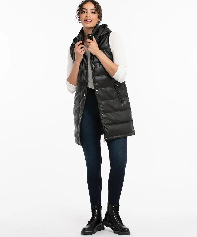 Faux Leather Longline Puffer Vest