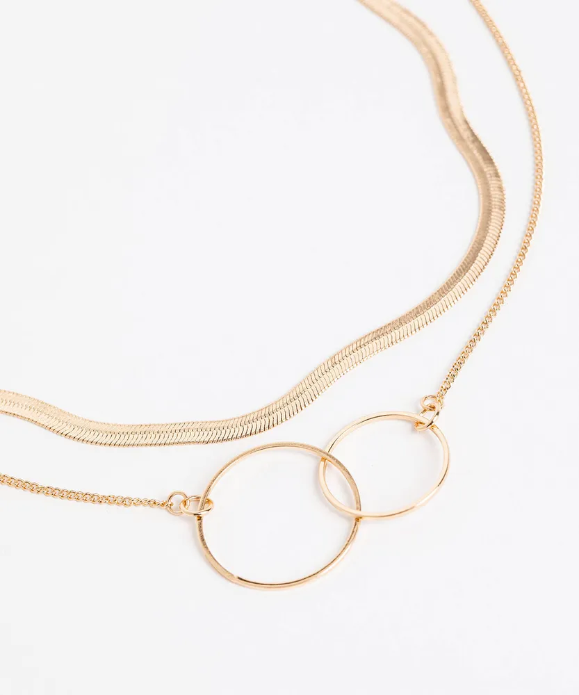 Snake Chain & Double Ring Layered Necklace