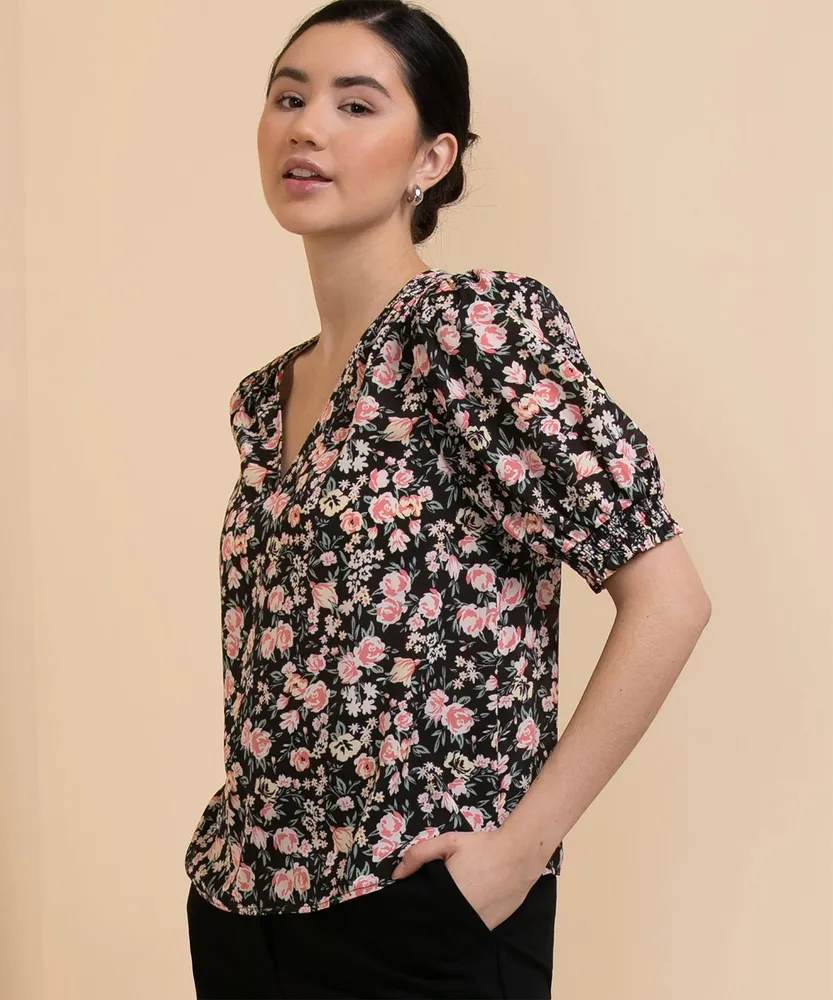 Puff Sleeve V-Neck Blouse with Smocked Shoulders