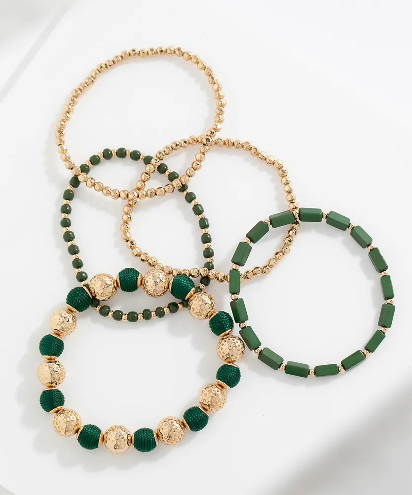 Green & Gold Beaded Bracelet 5-Pack