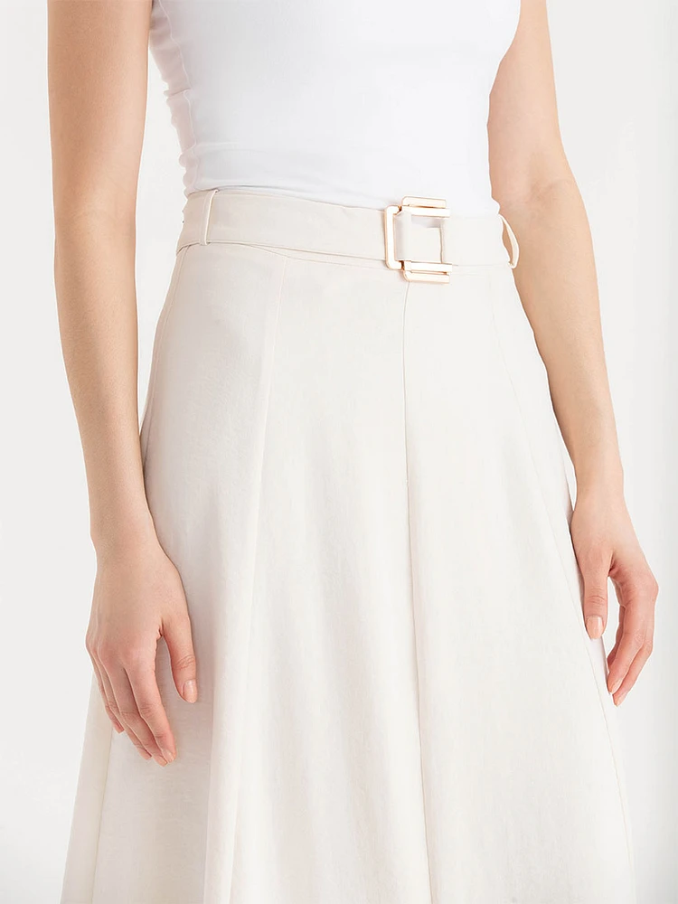 A-Line Textured Midi Skirt with Buckle