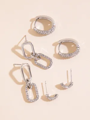 Silver Pave Paperclip + Hoop + Stud Earring Set