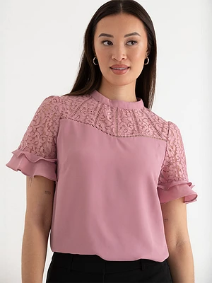 Short Sleeve Lace & Ruffle Blouse