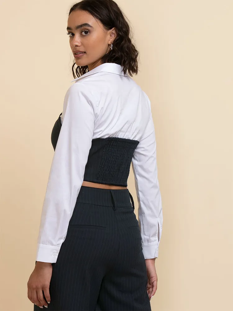 Long Sleeve Poplin Shirt with Pinstripe Corset