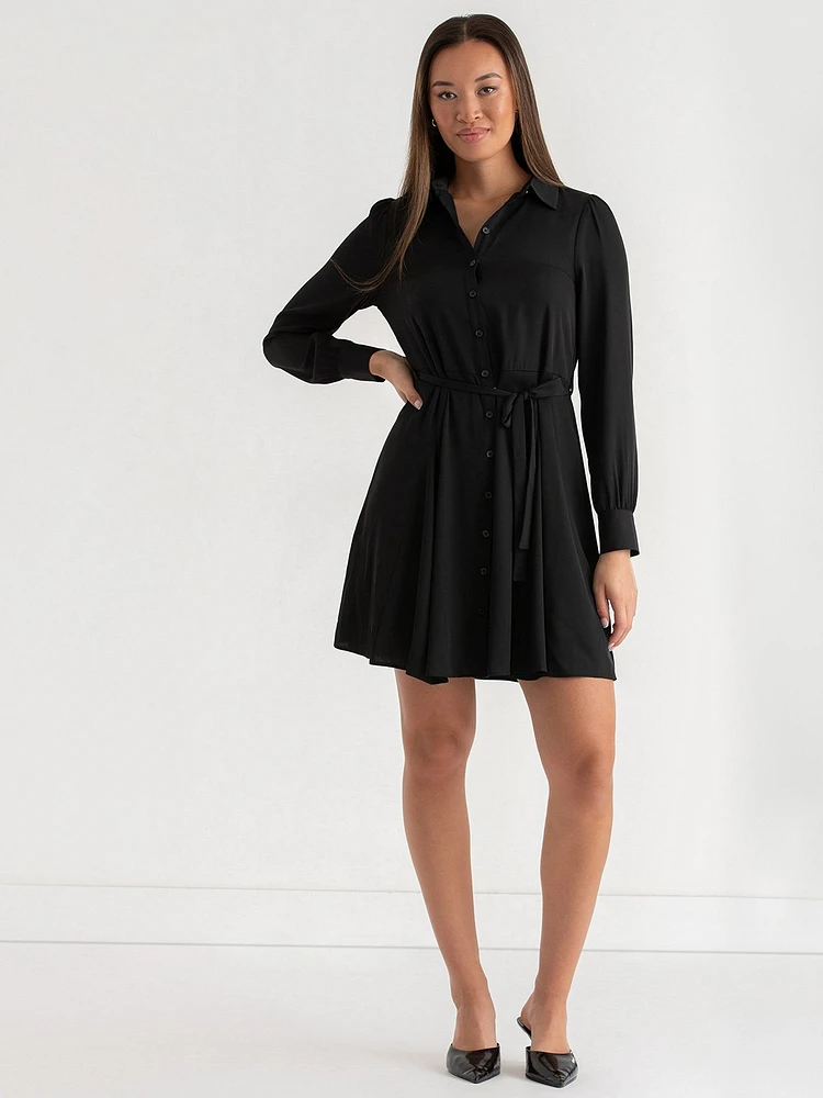 Collared Button-Front Dress with Tie Waist