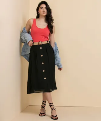 Textured Midi Skirt with Wood Buttons