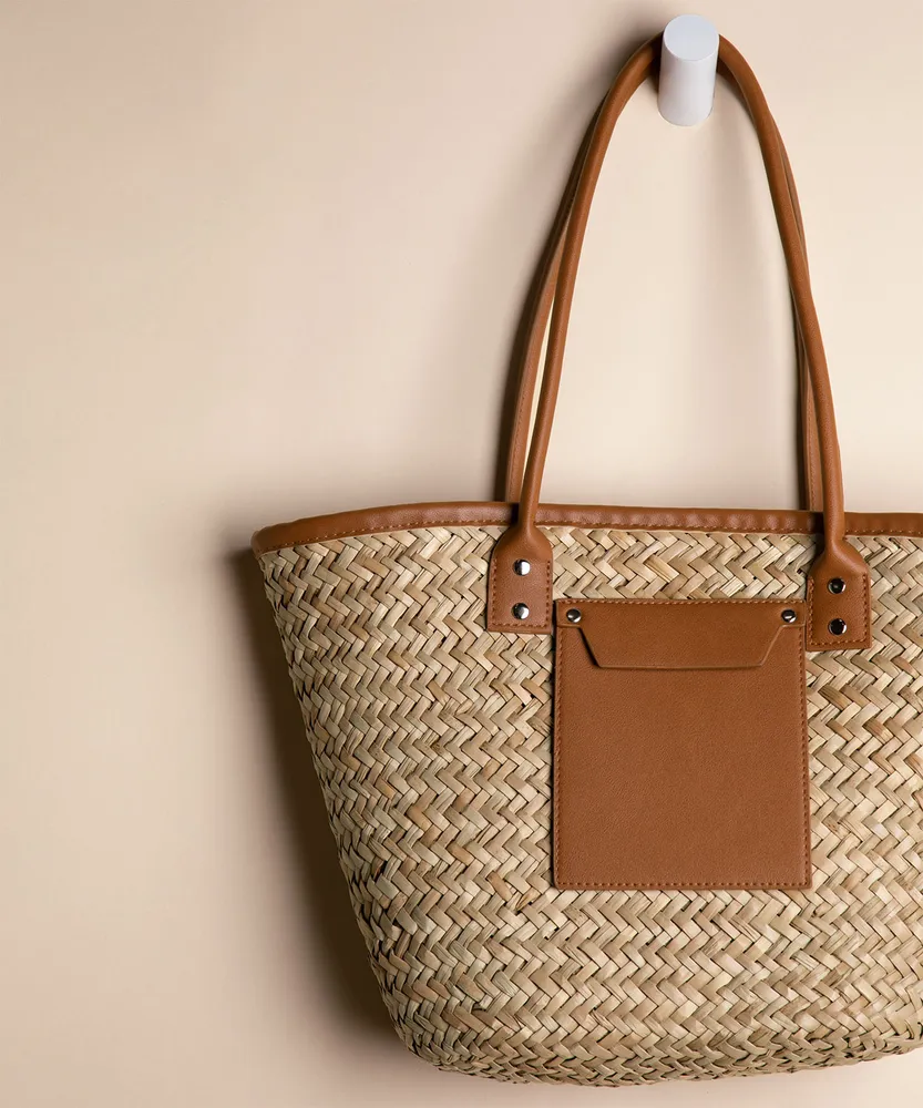 Straw Tote with Leather Detail