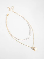 Layered Pearls & Solitaire Pendant Gold Necklace