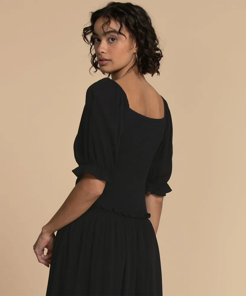 Crop Length Smocked Top with Puff Sleeve