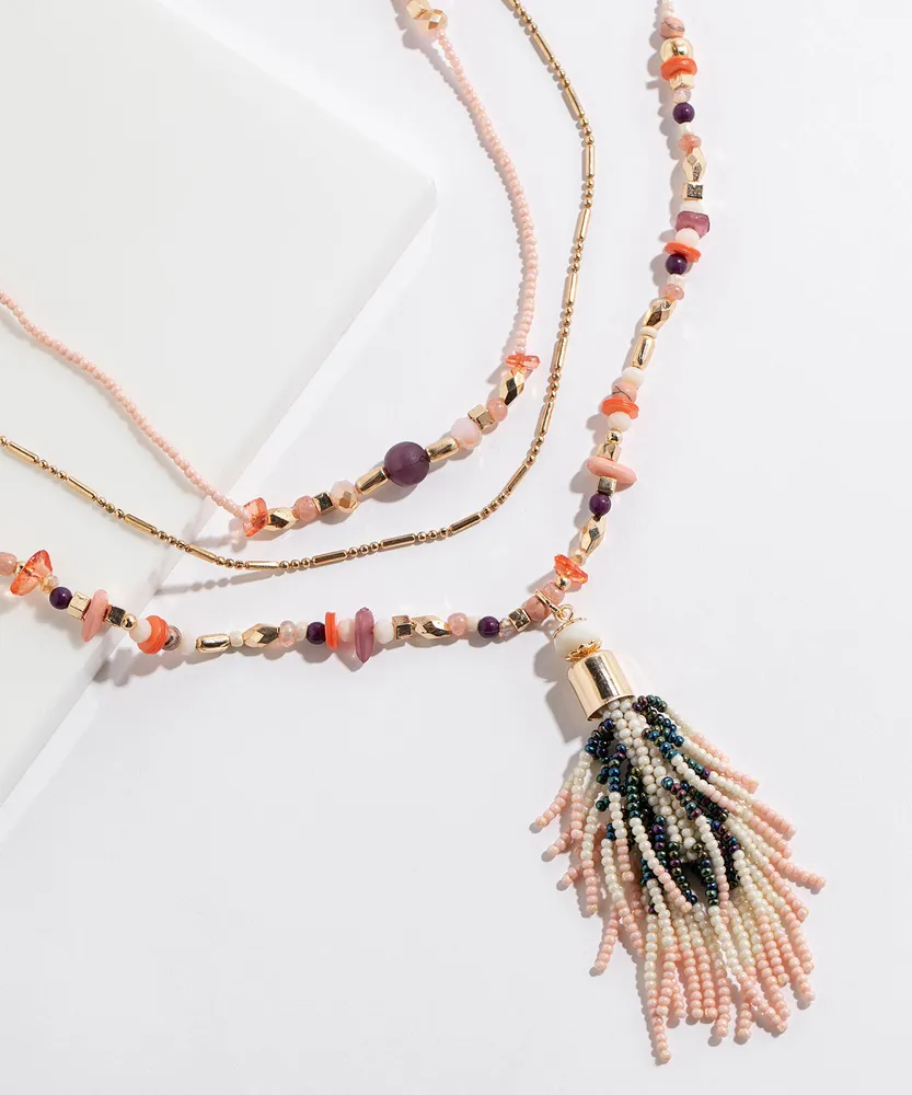 Layered Beaded Tassel Necklace