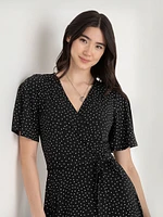 Short Sleeve Faux Wrap Midi Dress