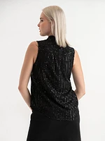 Sleeveless Pinstripe Sequins Blouse with Neck Tie