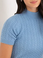 Mock Neck Elbow Sleeve Cable Sweater