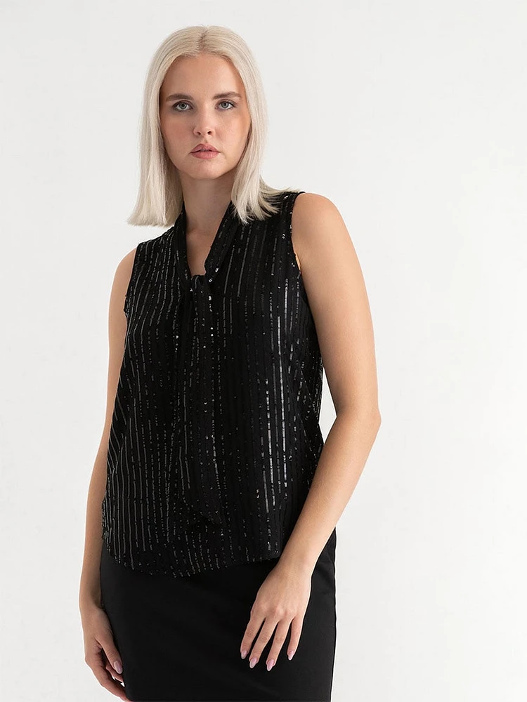 Sleeveless Pinstripe Sequins Blouse with Neck Tie