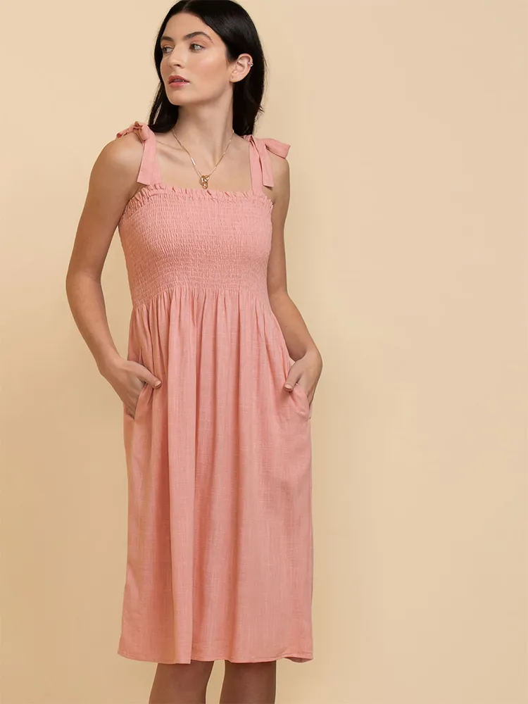 Smocked Linen Dress with Adjustable Straps
