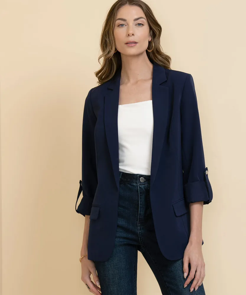 Rolled Cuff Open Front Blazer