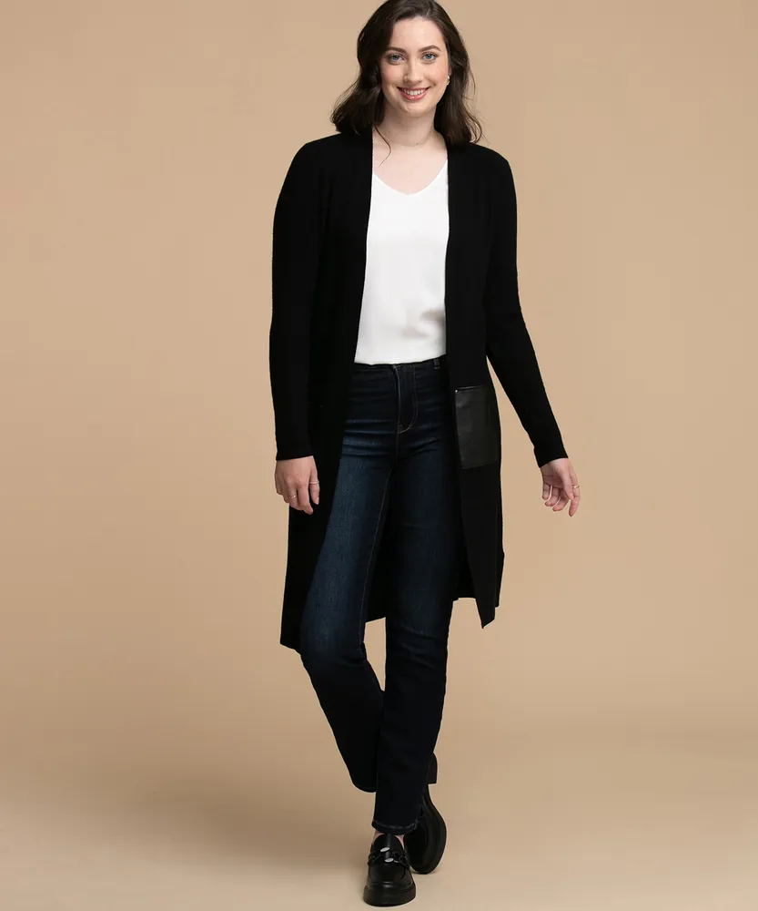 Eco-Friendly Faux Leather Pocket Cardigan