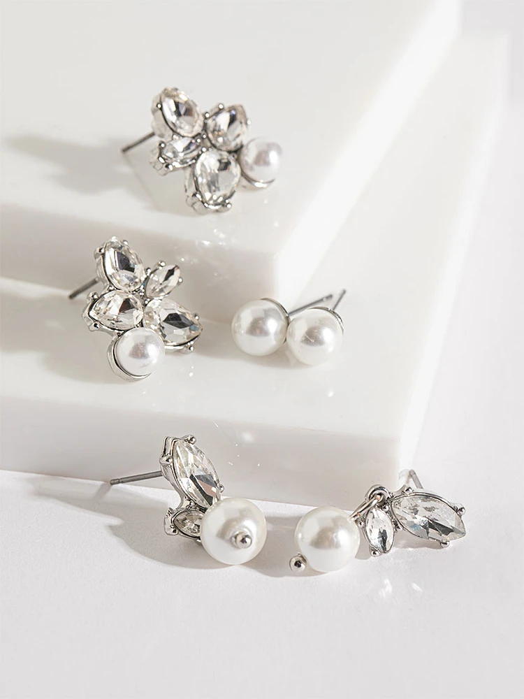 Ivory Pearls and Crystals Earrings Trio