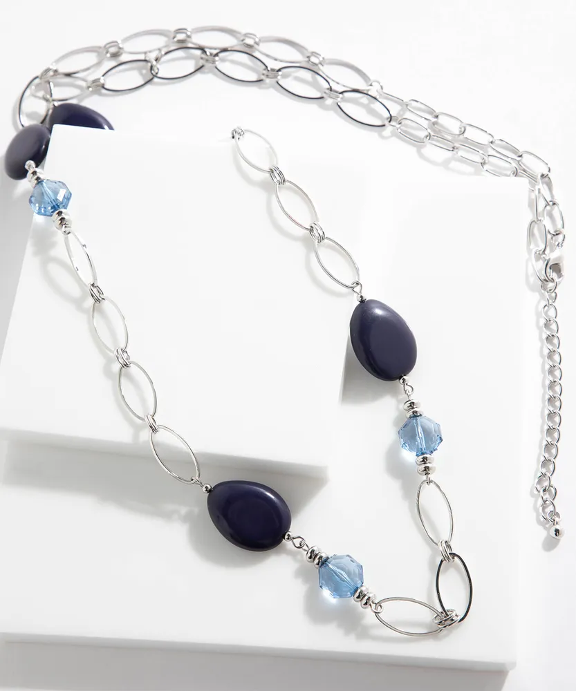 Long Chain Link Necklace with Blue Gems