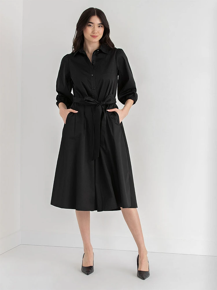 Puff Sleeve Belted Midi Shirtdress Luxe Poplin