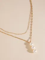 Short Layered Necklace with 3-Pearl Pendant