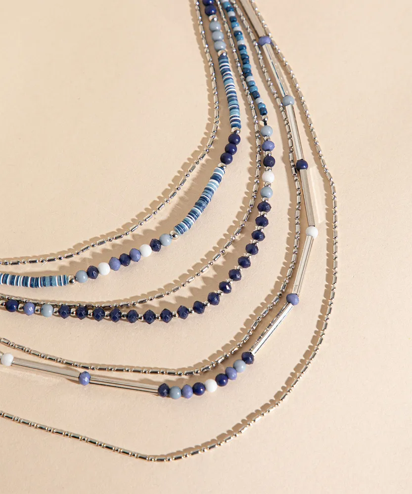 Layered Blue & Silver Beaded Necklace