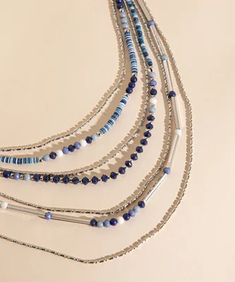 Layered Blue & Silver Beaded Necklace