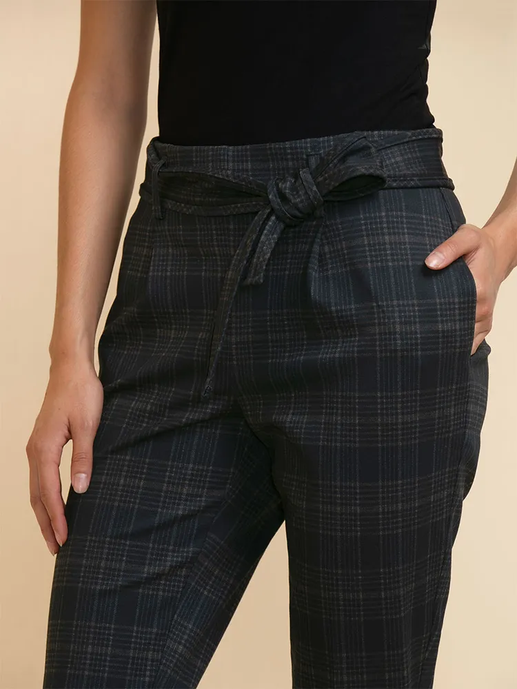 Plaid Tie Front Pant Ponte