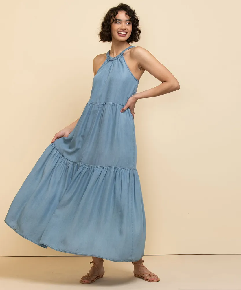 Chambray Braid Halter Maxi Dress