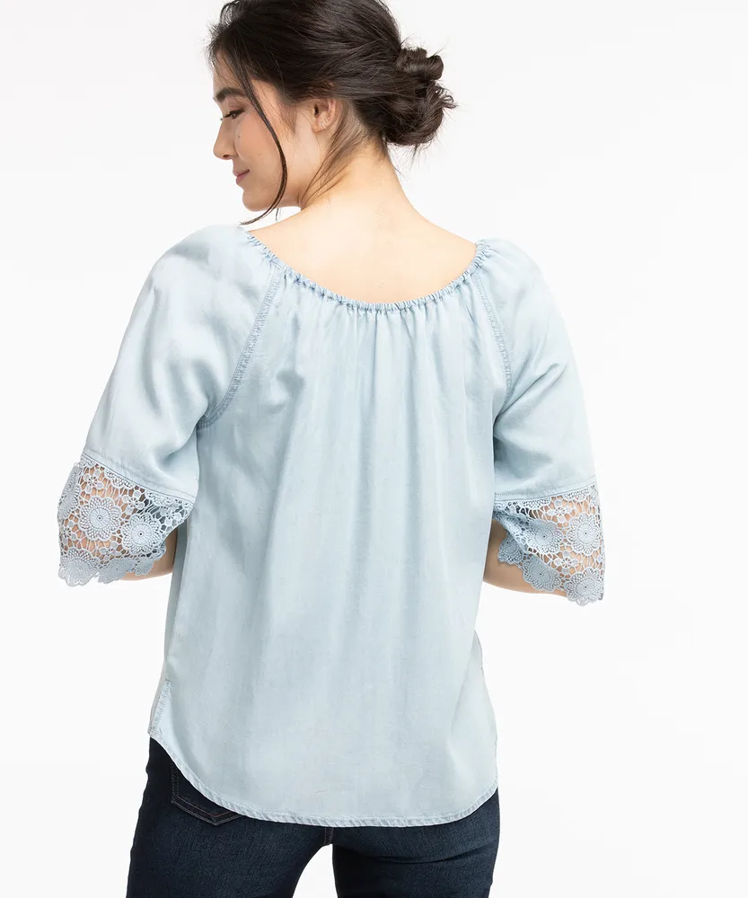 Light Denim Crochet Sleeve Blouse