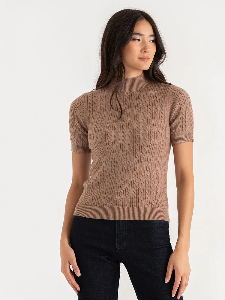 Mock Neck Elbow Sleeve Cable Sweater