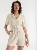 Collared Linen Romper with Drawstring Waist