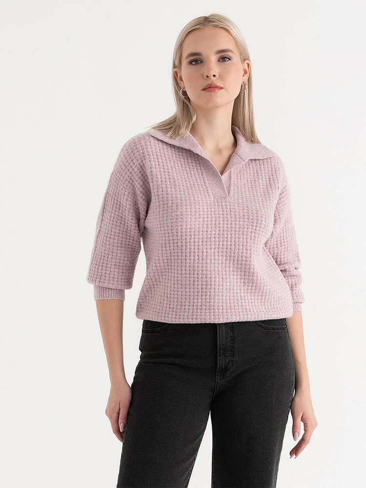 Open Collar Waffle Sweater