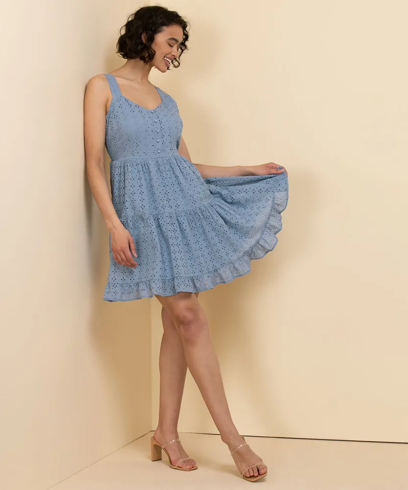 Blue Strappy Skater Dress - Sweetheart Neckline / Broad Shoulder