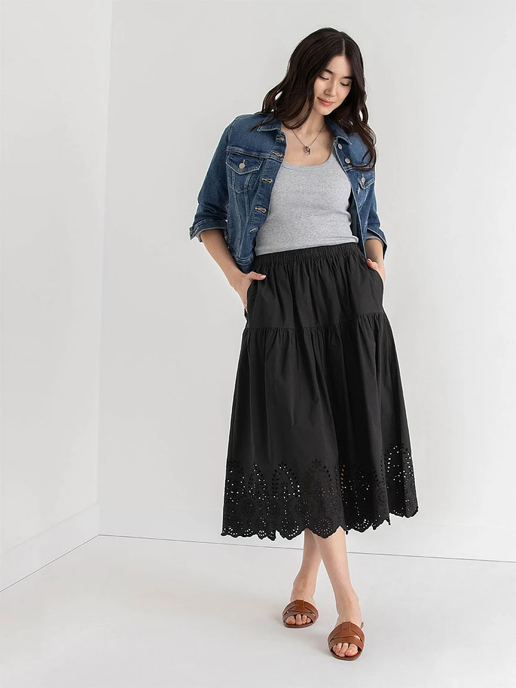 Midi Skirt with Eyelet Hem Detail