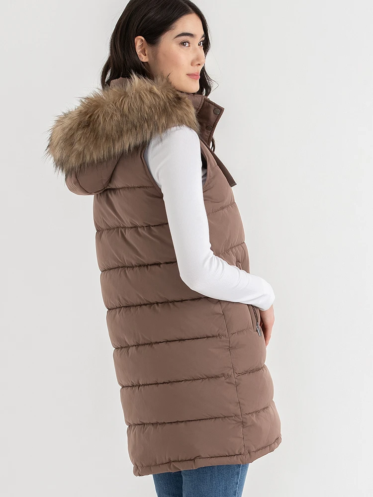 Carlyn Long Puffer Vest with Detachable Hood & Fur Trim