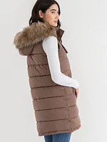 Carlyn Long Puffer Vest with Detachable Hood & Fur Trim