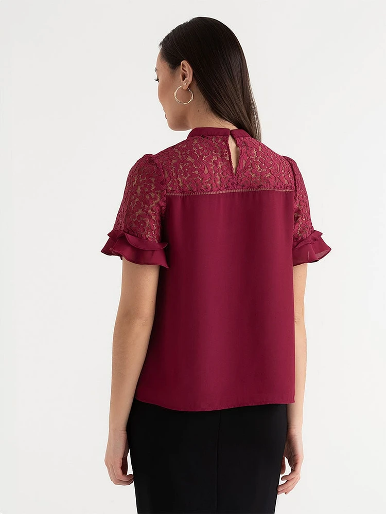 Short Sleeve Lace & Ruffle Blouse