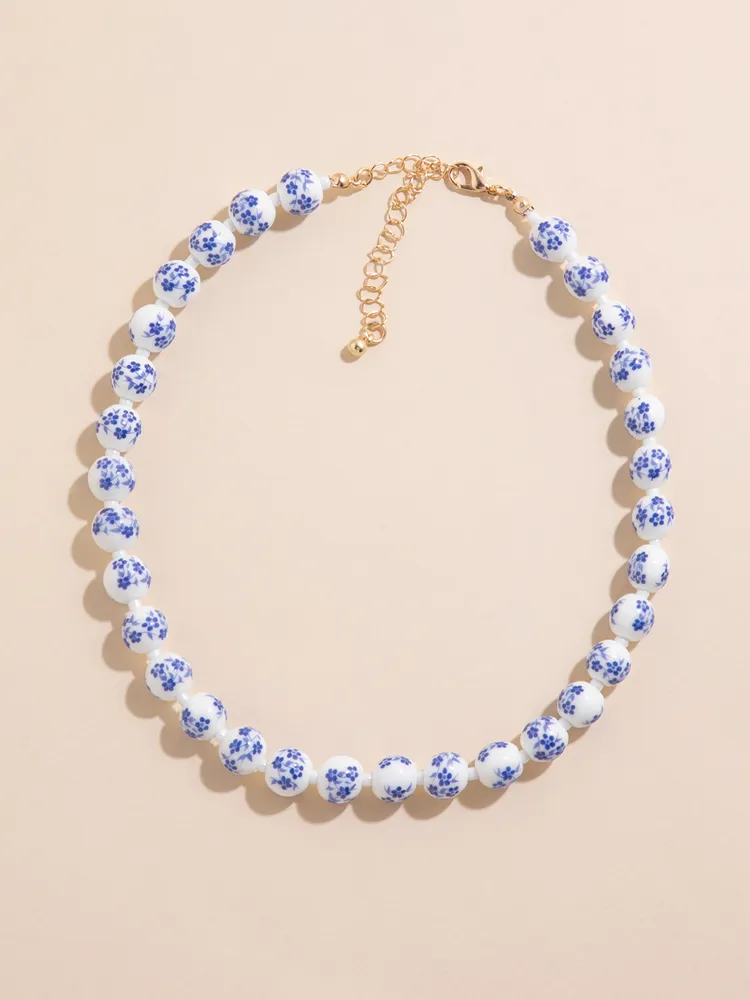 White & Blue Floral Beaded Necklace