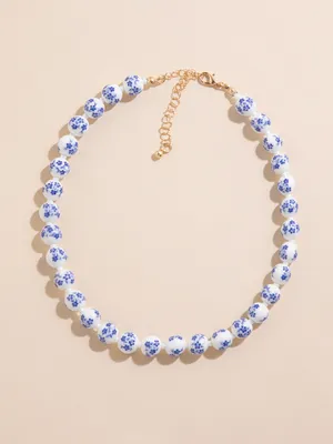 White & Blue Floral Beaded Necklace