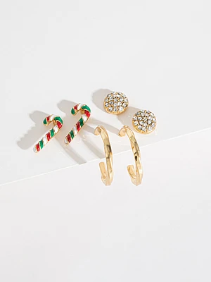 Hoops, Paved Stud & Candy Cane Earring Trio