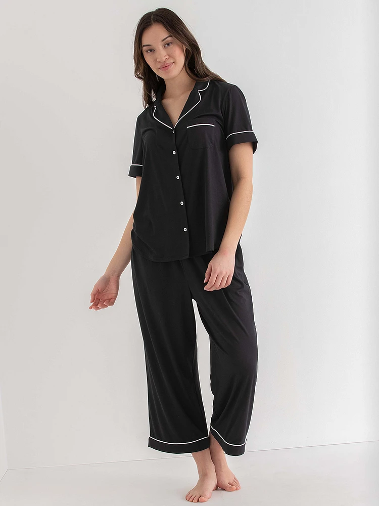 Short Sleeve Button Down Shirt with Crop Pant Sleep Set