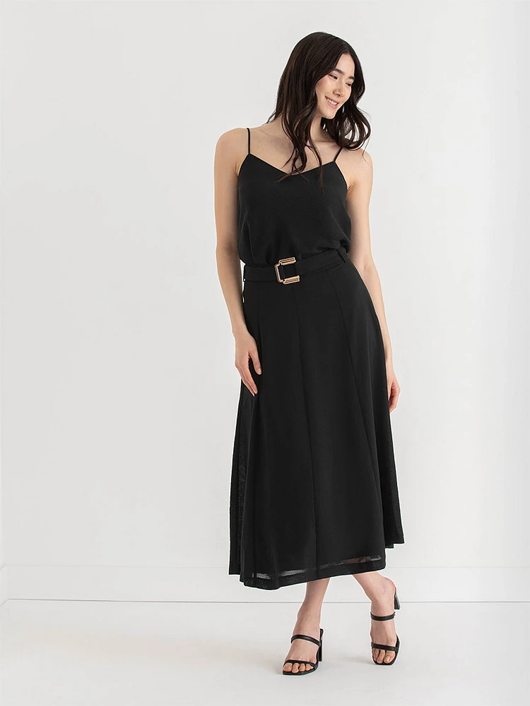 A-Line Textured Midi Skirt with Buckle